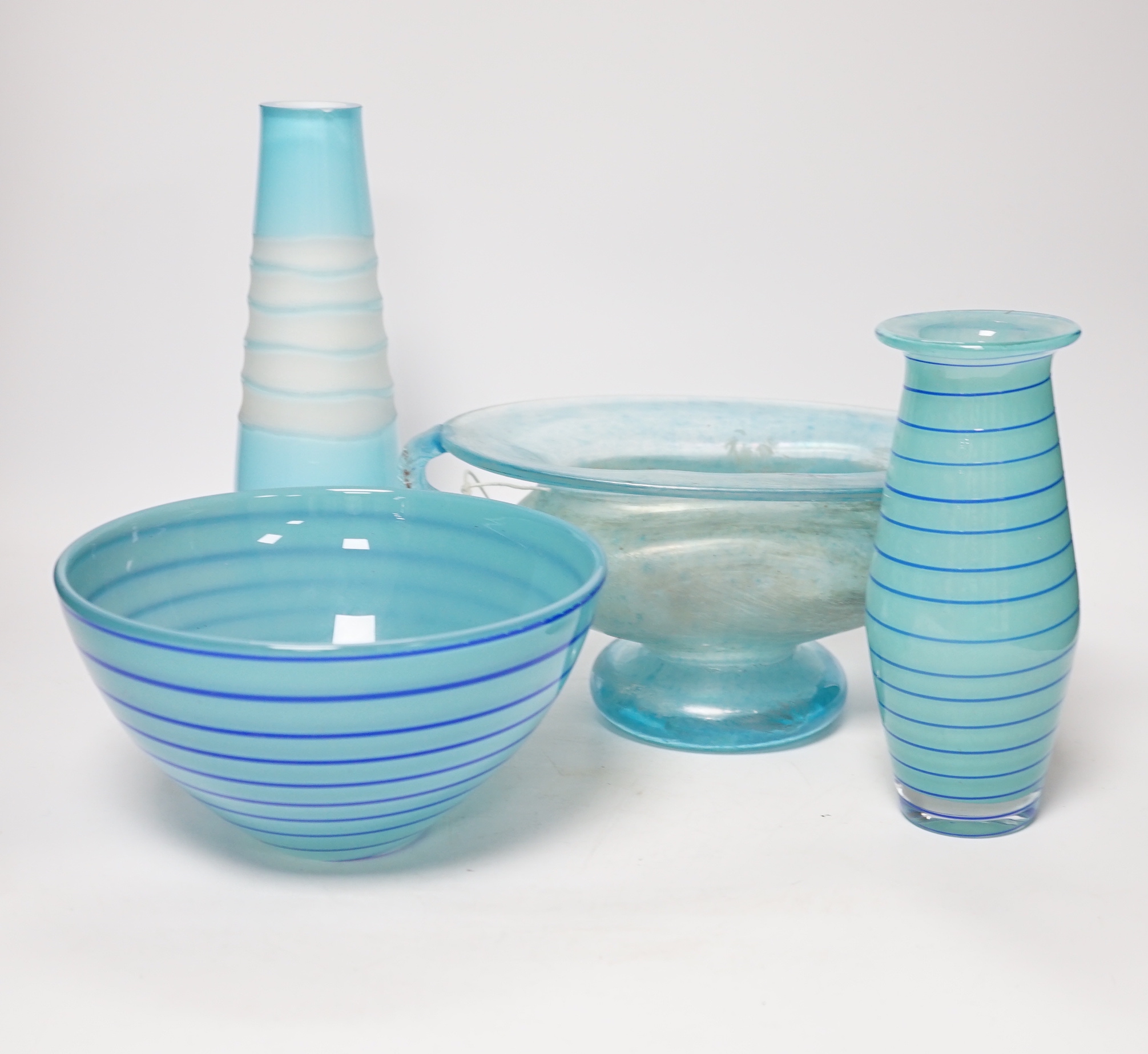 A Roman style two handled glass vase, a Kosta Boda bowl and two art glass vases, tallest 26.5cm